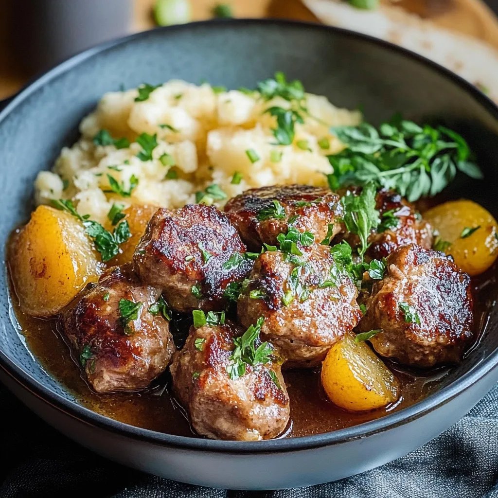 Herzhafte Fleischbällchen mit frischem Gurkensalat und cremigem Kartoffelstampf