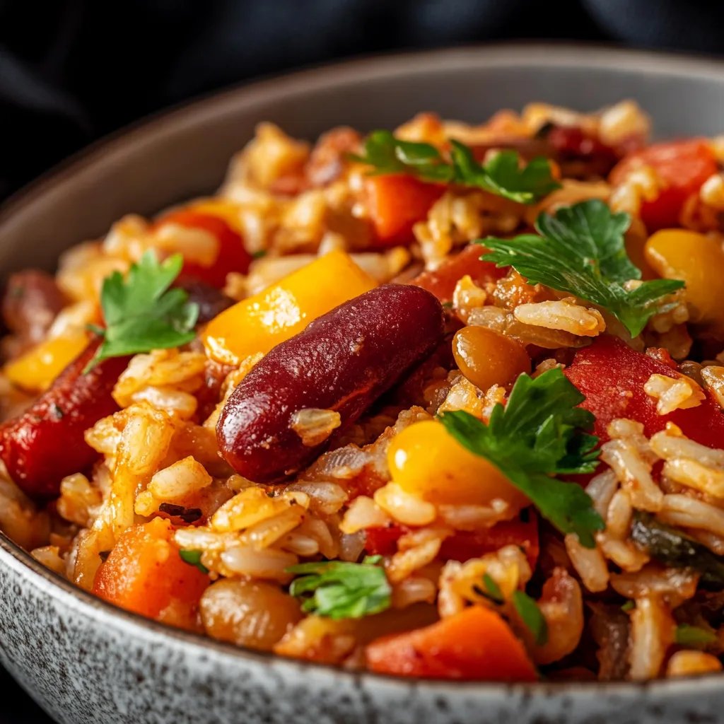 Vegetarische Reispfanne mit Kidneybohnen, Mais und Paprika