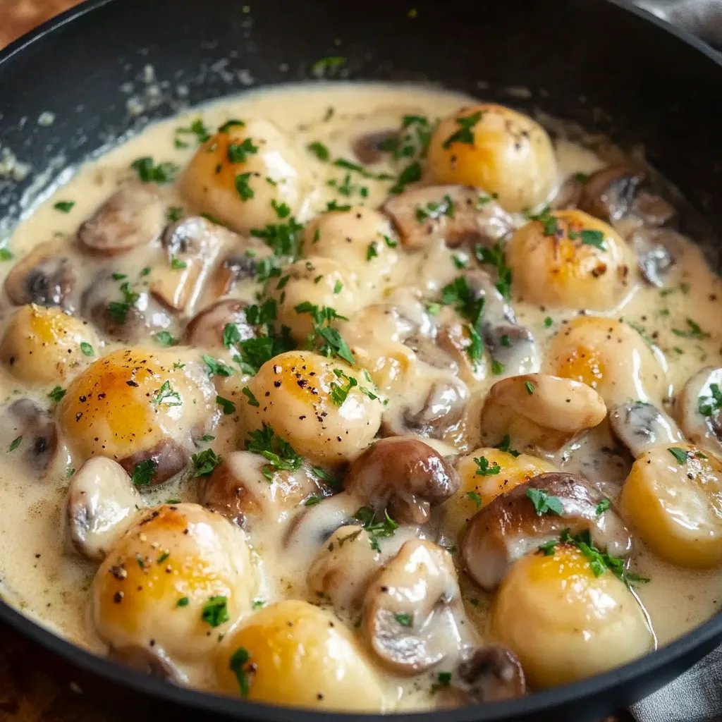 Schnelle Knödel Pfanne mit Champignonrahm