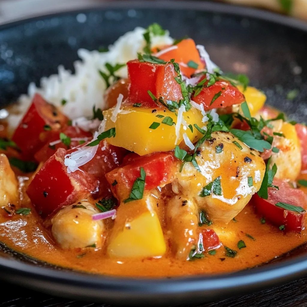 Paprika-Sahne-Hähnchen mit Reis